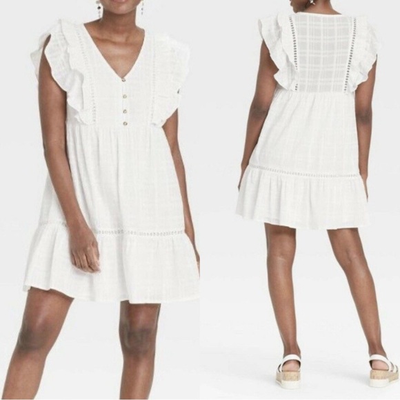 Knox Rose Dresses & Skirts - Knox Rose White Flutter Sleeve Mini Dress‎ Size XXL Lace Inset Angelcore Flowy